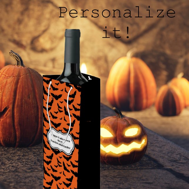 Customised Black and Orange Halloween Bats  Wine Gift Bag (Personalize these wine bags for 
extra special Halloween gifts.)