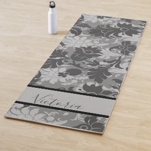 Customised Black Grey Floral Damask Name Yoga Mat