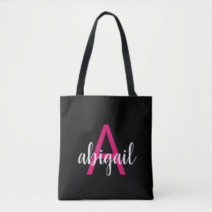 Customised Black Hot Pink Modern Monogram Name Tote Bag
