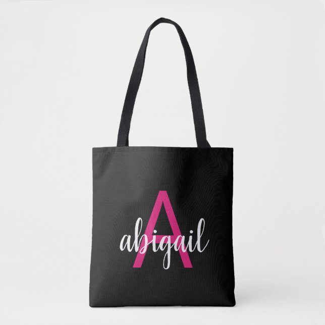 Customised Black Hot Pink Modern Monogram Name Tote Bag (Front)