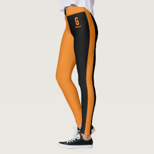 Customised Black Tangerine Orange Stripes Monogram Leggings
