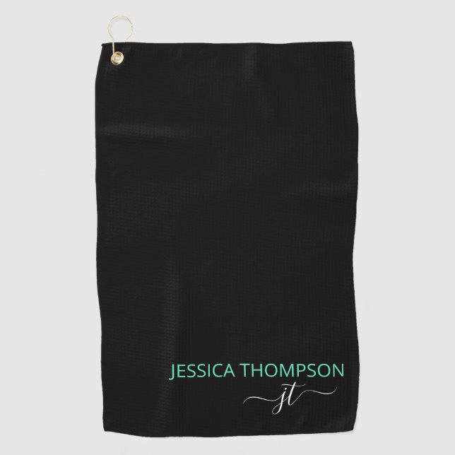 Customised Black Teal Elegant Modern Monogram Name Golf Towel (Front)