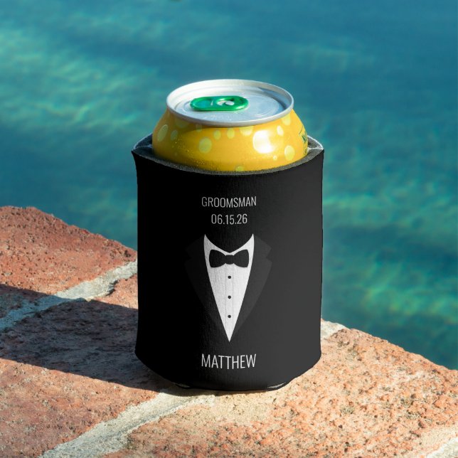 Customised Black Tuxedo Groomsmen Can Cooler (In Situ Pool)