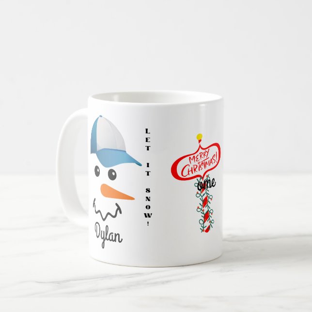 Customised Blue and White cap Snowman Face Mug (Front Left)