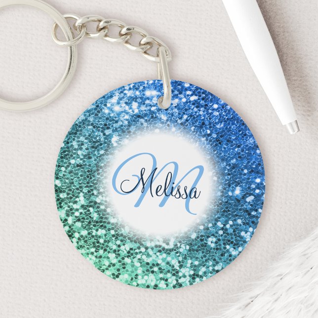 Customised Blue Glitter Mermaid Monogram Name Key Ring (Creator Uploaded)