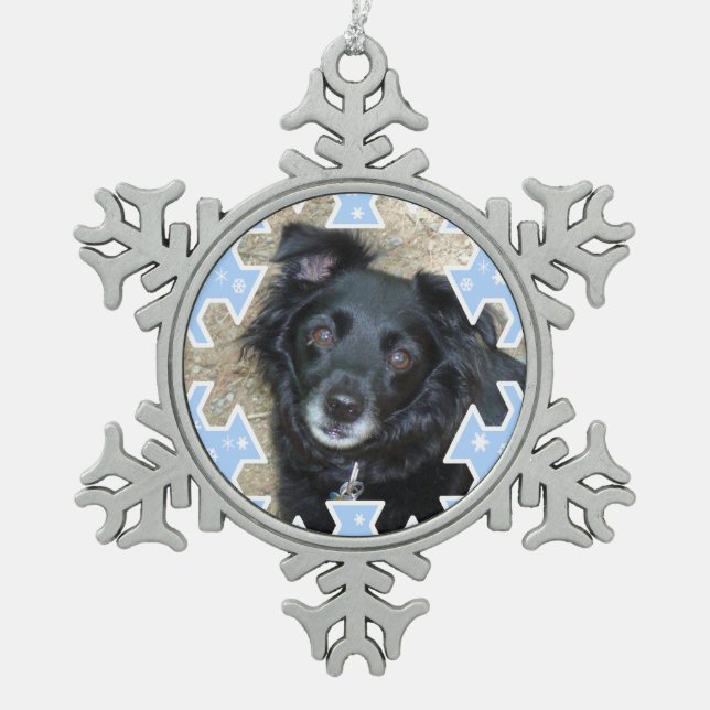 Customised Blue Snowflake Frame Keepsake Photo Snowflake Pewter Christmas Ornament (Front)