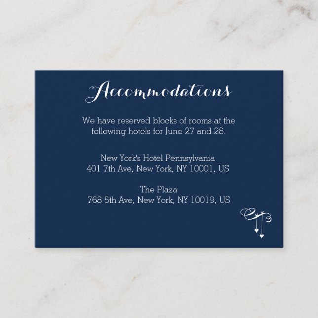 Customised Blue Wedding Accommodation Cards (Front)