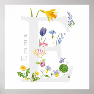 customised botanical monogram alphabet e flower  poster