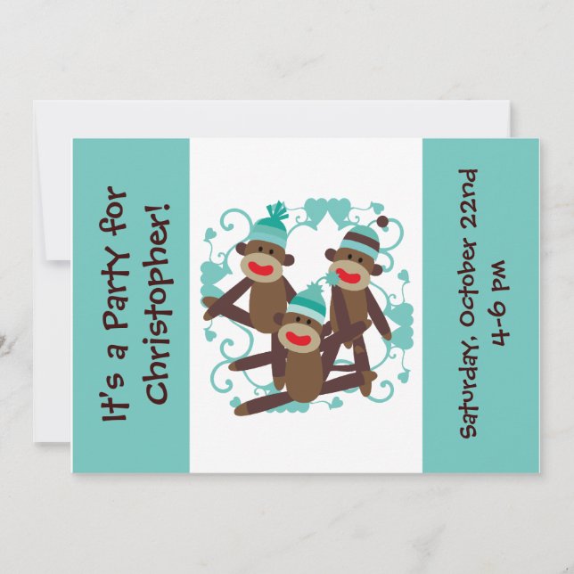 Customised Boy Sock Monkey 5x7 Invitations (Front)