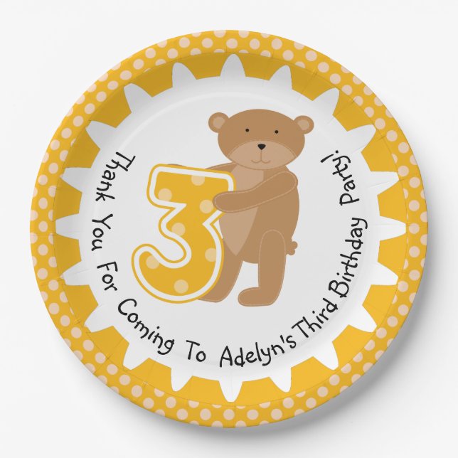 Customised Brown Bear 3rd Birthday Paper Plates (Front)
