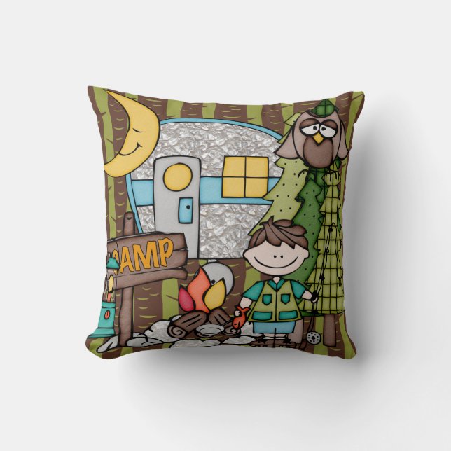 Customised Brown Haired Boy Camping Pillow (Front)