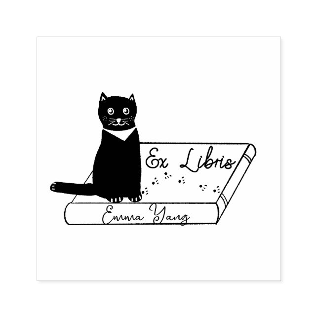 Customised Cat on book Ex Libris Wood Art Stamp (Imprint)