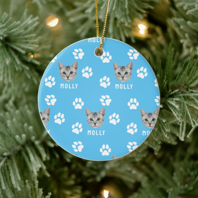 Customised Cat Pet Photo & Name Blue Ceramic Ornament (Tree)