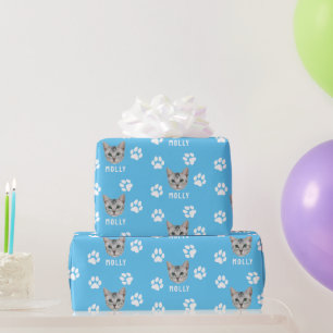 Customised Cat Pet Photo & Name Blue Wrapping Paper