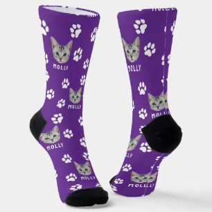 Customised Cat Pet Photo & Name Purple Socks
