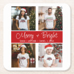 Customised Christmas 4 Photo Collage Square Paper Coaster<br><div class="desc">Simple modern 4 photo family Christmas holiday coaster for parties and holiday dinners. Create a combination of photos with mum, dad, pets, then add your names underneath the merry bright in script font, at the centre of your photo composition. Be creative with different combinations. The whole family in each photo,...</div>