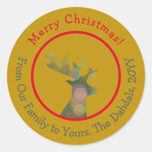 Customised Christmas Bokeh Reindeer Head Red Gold Classic Round Sticker