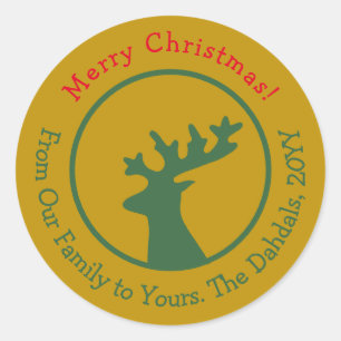 Customised Christmas Reindeer Head Green Red Gold  Classic Round Sticker