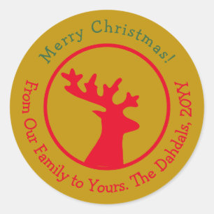 Customised Christmas Reindeer Head Red Green Gold Classic Round Sticker