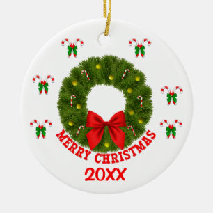 Customised Christmas Wreath with Candy Canes Ceramic Ornament