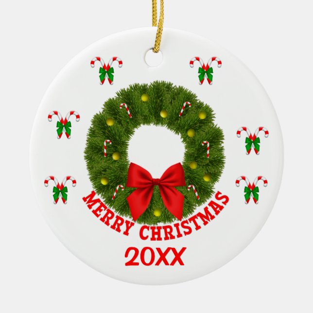 Customised Christmas Wreath with Candy Canes Ceramic Ornament (Front)