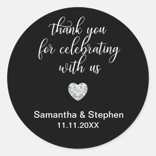 Customised Classic Diamond Black & White Wedding Round Sticker (Front)