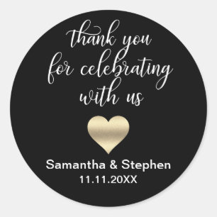 Customised Classic Gold Heart Black White Wedding Round Sticker