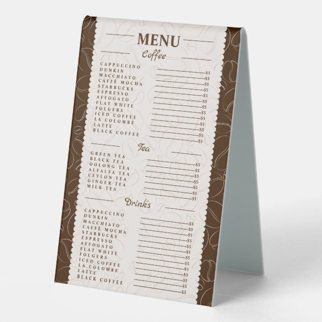 Customised Coffee, drinks and Tea Menu (Back)