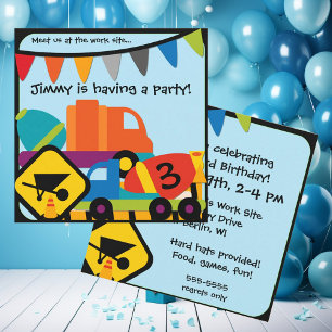 Customised Construction Cement Mixers Birthday Invitation