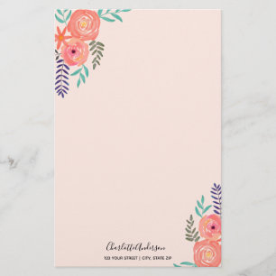 Customised Coral Pink Watercolor Flower Bouquet Stationery