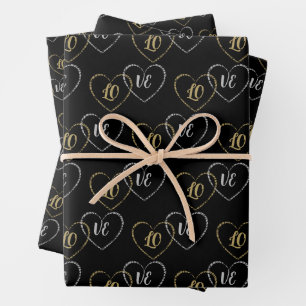 Customised Couple Heart Charms Silver Gold, Black Wrapping Paper Sheet