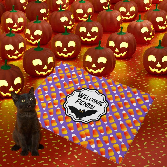 Customised Crazy Candy Corn Black Bat Doormat (Fiends, friends and family will love this fun Halloween doormat. Personalize it!)