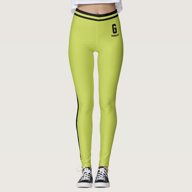 Customised Cute Apple Green Black Stripes Monogram Leggings (Front)