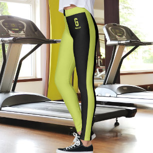 Customised Cute Black Apple Green Stripes Monogram Leggings