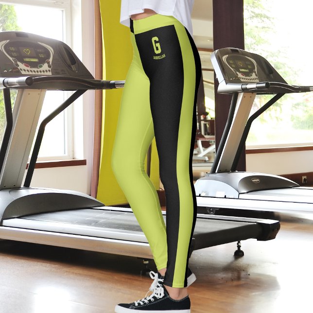 Customised Cute Black Apple Green Stripes Monogram Leggings (Creator Uploaded)