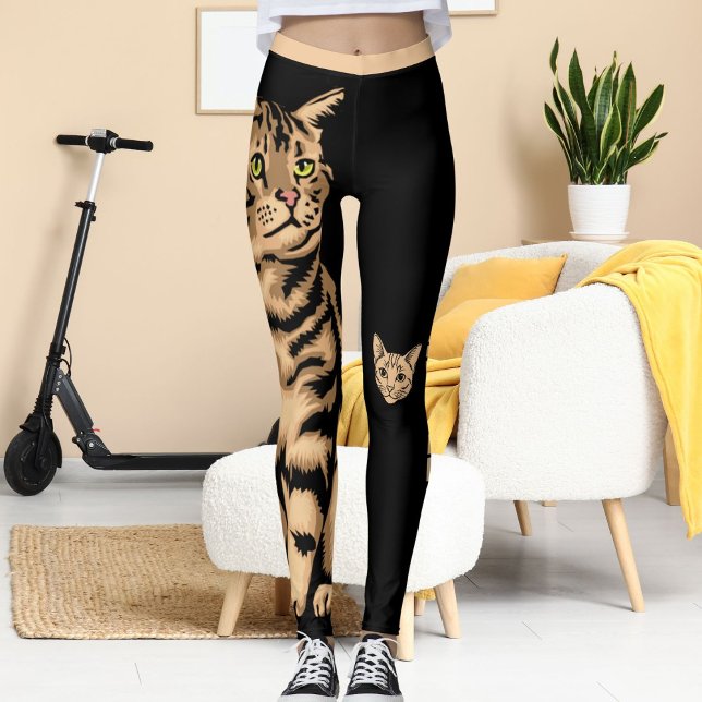 Customised Cute Cat Pet Animal Black Peach Stripes Leggings (Creator Uploaded)