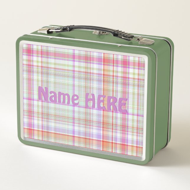 Customised Cute Elegant Purple Green Plaid Pattern Metal Lunch Box (Back)