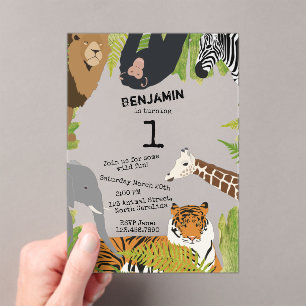 Customised Cute Jungle Animals Safari Birthday Acrylic Invitations