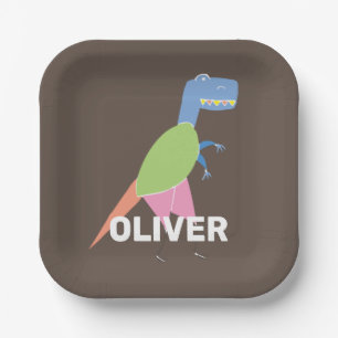 Customised Cute T Rex Dinosaur Kids Birthday Paper Plate