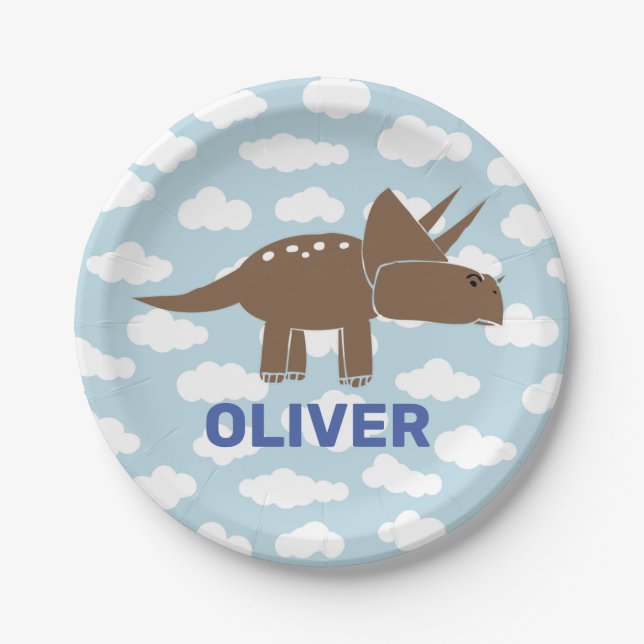 Customised Cute Triceratops Dinosaur Kids Birthday Paper Plate (Front)