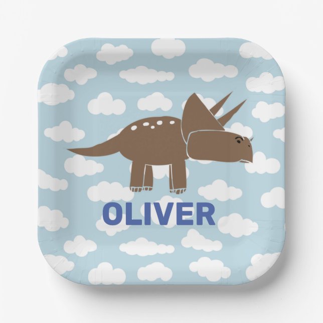 Customised Cute Triceratops Dinosaur Kids Birthday Paper Plate (Front)