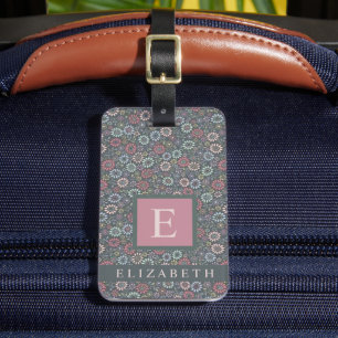 Customised Dark Green Grey Floral Blue Pink Flower Luggage Tag