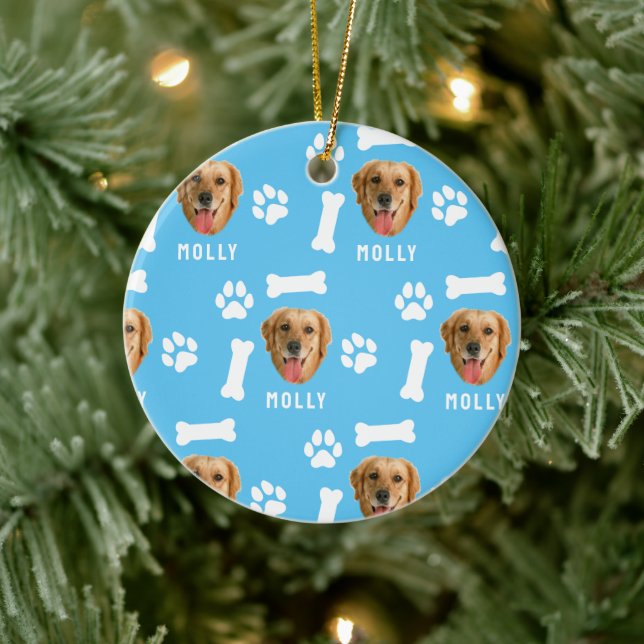Customised Dog Pet Photo & Name Blue Ceramic Ornament (Tree)