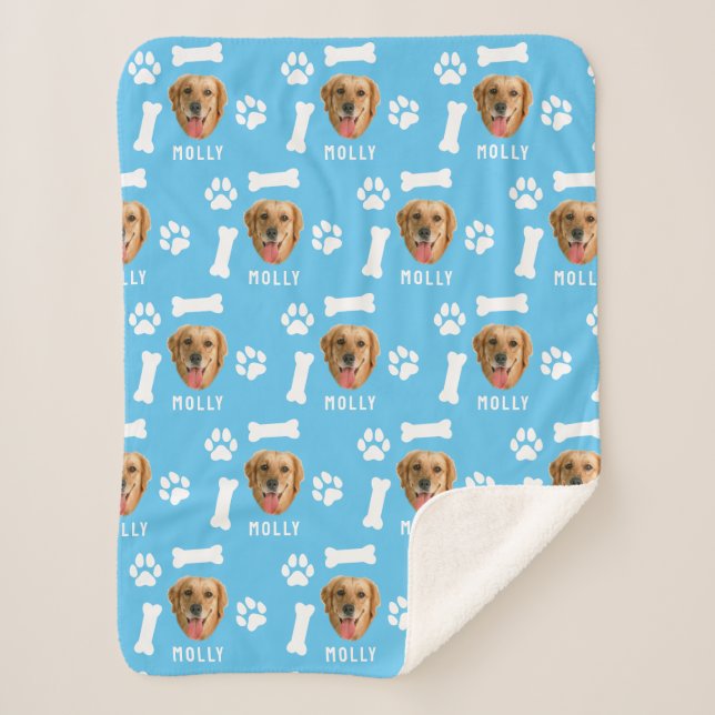 Customised Dog Pet Photo & Name Blue Sherpa Blanket (Front)