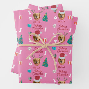 Customised Dog Pet Photo Name Pink Funny Christmas Wrapping Paper Sheet