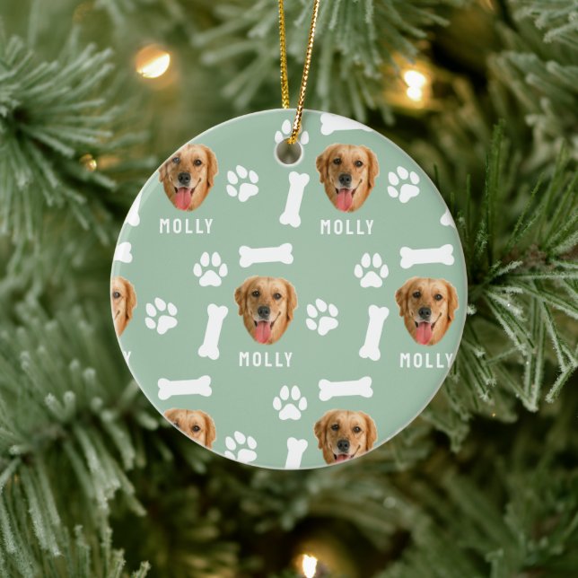 Customised Dog Pet Photo & Name Sage Green Ceramic Ornament (Tree)