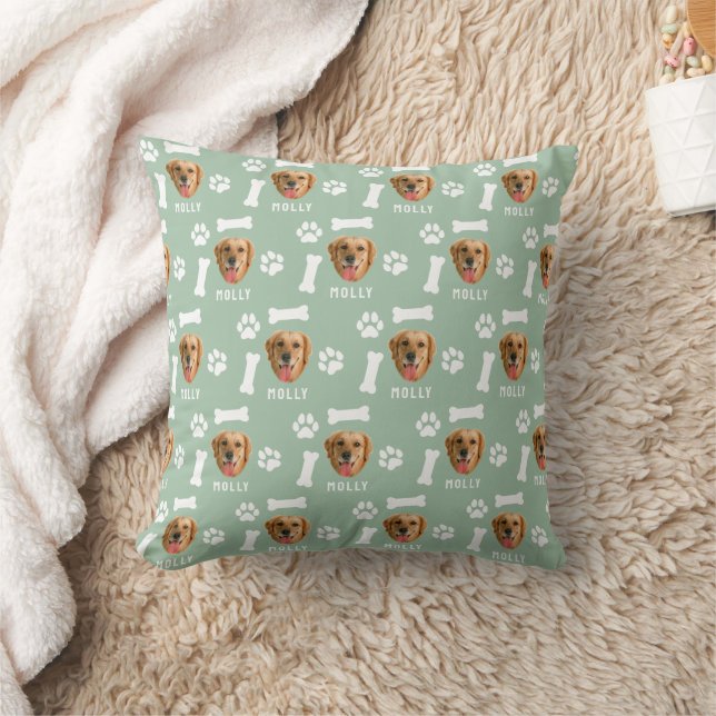 Customised Dog Pet Photo & Name Sage Green Cushion (Blanket)