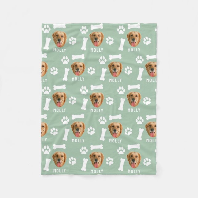 Customised Dog Pet Photo & Name Sage Green Fleece Blanket (Front)