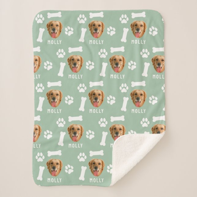 Customised Dog Pet Photo & Name Sage Green Sherpa Blanket (Front)