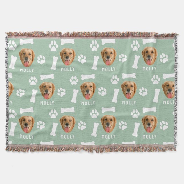 Customised Dog Pet Photo & Name Sage Green Throw Blanket (Front)